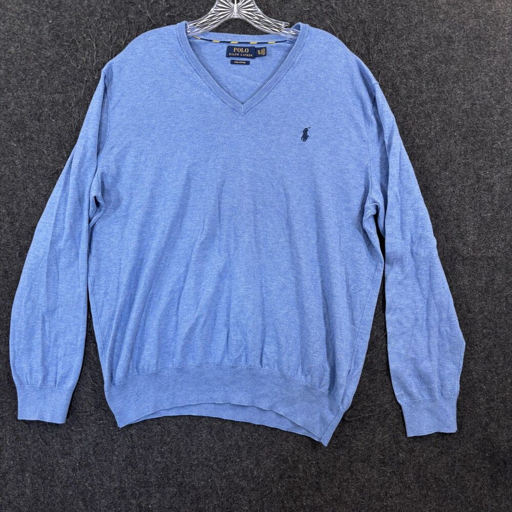Polo Ralph Lauren Sweater Men's XL Blue Pima Cotton V Neck Knit Pony Pullover